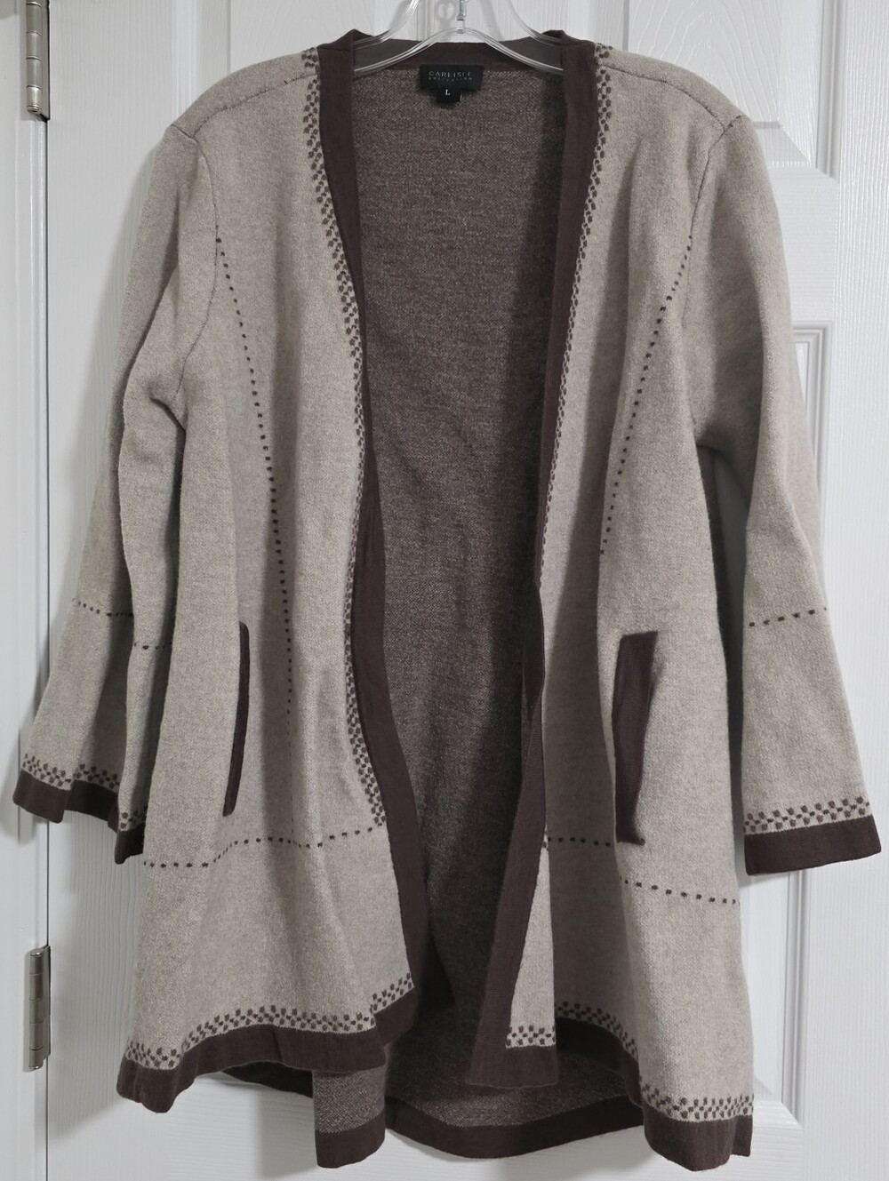 Women's Large Carlisle Collection Beige-ish and Brown 100% Merino Wool Cardigan